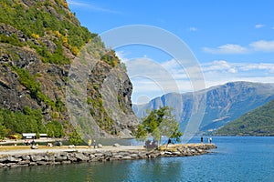 Breathtaking Norwegian fjord and mountain landscapes during Norway in a Nutshell Tour. The landscape of Flam