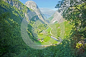 Breathtaking Norwegian landscapes on the Stalheimskleiva Road during a bus ride Gudvangen - Voss