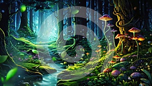 A breathtaking painting capturing the tranquil beauty of a forest with a meandering stream flowing gracefully through it, A