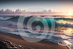 A Breathtaking Panorama, The Majestic Arrival of Cresting and Frothing Waves on the Beach During the Sunset. AI generated