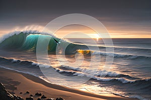 Breathtaking Panorama of a Majestic Wave Surging Towards the Shoreline, Bathed in the Glittering Lights of Sunset. AI generated