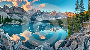 Breathtaking panorama of Moraine Lake in Banff National Park, showcasing the pristine beauty of the Canadian Rockies. Ai Generated