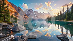 Breathtaking panorama of Moraine Lake in Banff National Park, showcasing the pristine beauty of the Canadian Rockies. Ai Generated