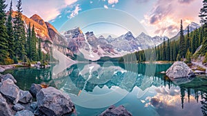 Breathtaking panorama of Moraine Lake in Banff National Park, showcasing the pristine beauty of the Canadian Rockies. Ai Generated