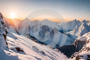 A breathtaking panorama of a snow-covered mountain range, with jagged peaks