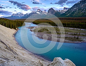 Breathtaking panorama view of the Mount Fryatt by the Athabasca River on the Icefields Parkway, Jasper National Park