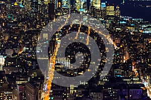 Breathtaking Panoramic and Aerial View of Manhattan, New York City at Night. Beautiful, Illuminated, Futuristic Buildings.