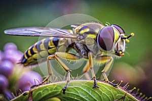 A Breathtaking Panoramic Macro of a Vibrant Hoverfly Detailed CloseUp of a Playful Insect in Nature photo