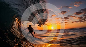 Surfer Riding a Golden Barrel Wave at Sunset
