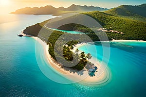 A breathtaking panoramic view capturing the serene allure of a remote tropical paradise nestled amidst with Generative AI