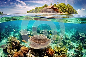 breathtaking panoramic view of a vibrant coral reef teeming with colorful marine life, with coral formations, tropical fish