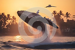 Majestic Humpback Whale Breaching Amidst Dolphins at Sunset