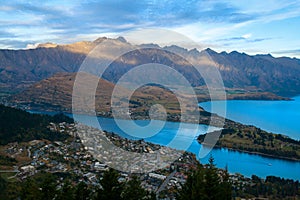 Breathtaking Queenstown New Zealand resort city panorama with The Remarkables