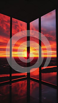 Breathtaking red sunset sky viewed from a modern high-rise building