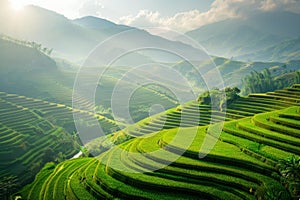 Breathtaking Rice Terraces in Lush Green Valley, Nature Landscape