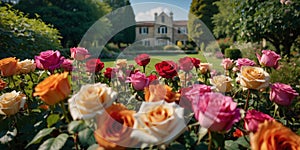 Breathtaking Rose Garden Panorama: Blooms bordering Mansion
