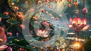 A breathtaking scene as the gleaming lotus pond is surrounded by a vivid explosion of bright flowers