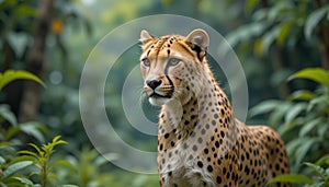 Majestic cheetah posing gracefully in a vibrant lush forest setting photo
