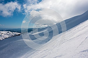 Breathtaking scenery on the snowy slopes of Vasilitsa ski center, Grevena, Greece