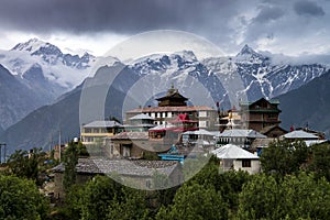 Breathtaking scenery view of Kalpa region of Kinnaur Kailash, rural village with mountain peaks terrain, Himachal Pradesh, norther