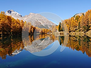 Breathtaking shot of a reflective lake on a mountain landscape background