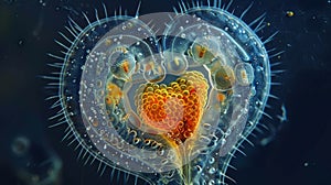 A breathtaking shot of a rotifers beating heart captured through advanced microscopic technology demonstrating the