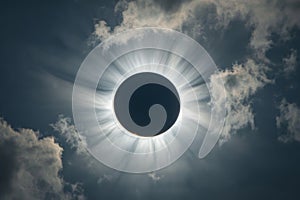 A breathtaking solar eclipse creates a dramatic halo effect over clouds during a celestial event