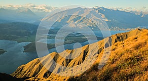 Breathtaking, Stunning Landscape View from Roys Peak on Lake Wanaka at twilight, South Island, New Zealand