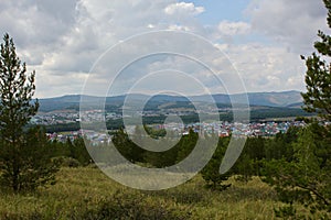 Breathtaking summer landscape Blue sky Fresh air of the Forest Field Mountains Top View