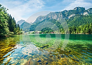 Breathtaking summer scene of Hintersee lake. Fantastic morning view of Bavarian Alps on the Austrian border, Germany, Europe.