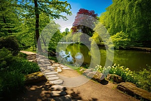 Serene Park Lake and Stone Path - A Vibrant Summer-Spring Landscape