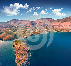 Breathtaking summer view from flying drone of Purpose or Double beach, Kotronas town location.