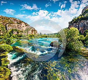 Breathtaking summer view of Krka waterfalls. Splendid morning scene of Krka National Park, Roski Slap location, Croatia, Europe. B