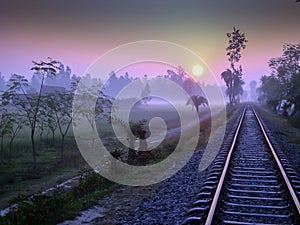 Breathtaking sunrise along railroad photo