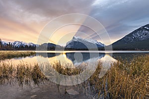 A breathtaking sunrise over the Mt Rundle at the Vermilion Lakes, Banff National Park, Alberta, Canada