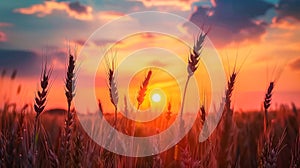 Breathtaking sunrise over a serene wheat field landscape in the early morning light