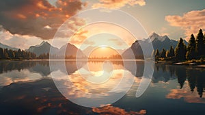 Breathtaking sunrise over a tranquil alpine lake. Ai Generated.NO.01