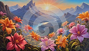 Breathtaking sunrise or sunset landscape with flowers, mountains and river