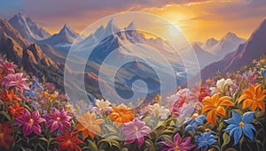 Breathtaking sunrise or sunset landscape with flowers, mountains and river