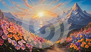 Breathtaking sunrise or sunset landscape with flowers, mountains and river