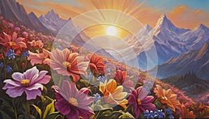 Breathtaking sunrise or sunset landscape with flowers, mountains and river