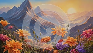 Breathtaking sunrise or sunset landscape with flowers, mountains and river