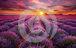 A breathtaking sunset casting a warm glow over vibrant lavender fields, creating a stunning tapestry of colors in the