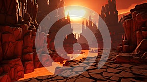 A breathtaking sunset over a fiery canyon landscape with glowing lava rivers in a fantasy realm photo