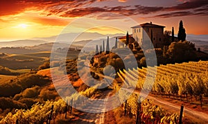 Breathtaking Sunset Over Lush Tuscan Vineyards with Rolling Hills, Historic Italian Architecture and Vibrant Autumn Foliage