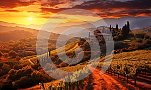 Breathtaking Sunset Over Lush Tuscan Vineyards with Rolling Hills Historic Italian Architecture and Vibrant Autumn Foliage