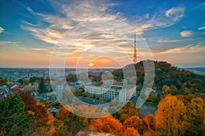 Breathtaking sunset over Lviv city, Ukraine. UNESCO world heritage site photo