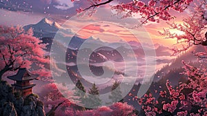 A breathtaking sunset over a mountain range with cherry blossoms in bloom