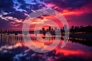 A breathtaking sunset scene unfolds as the vibrant sky casts its warm hues over a calm body of water, Twilight sunset at Han River