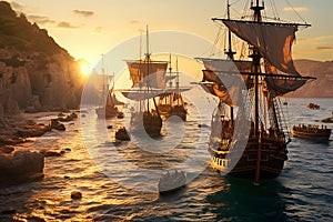 Breathtaking sunset at the serene sea bay with majestic ancient sailing ships gracefully anchored